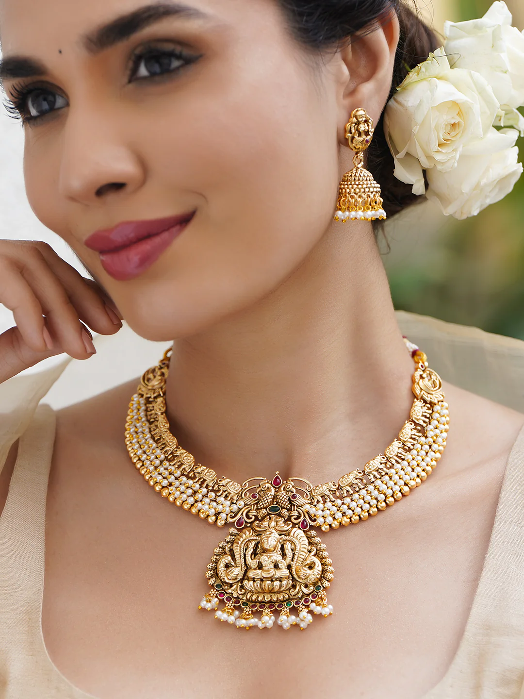 Ditya Imitation 22K Gold-Plated Stone Studded & Beaded Jewellery Set for Women
