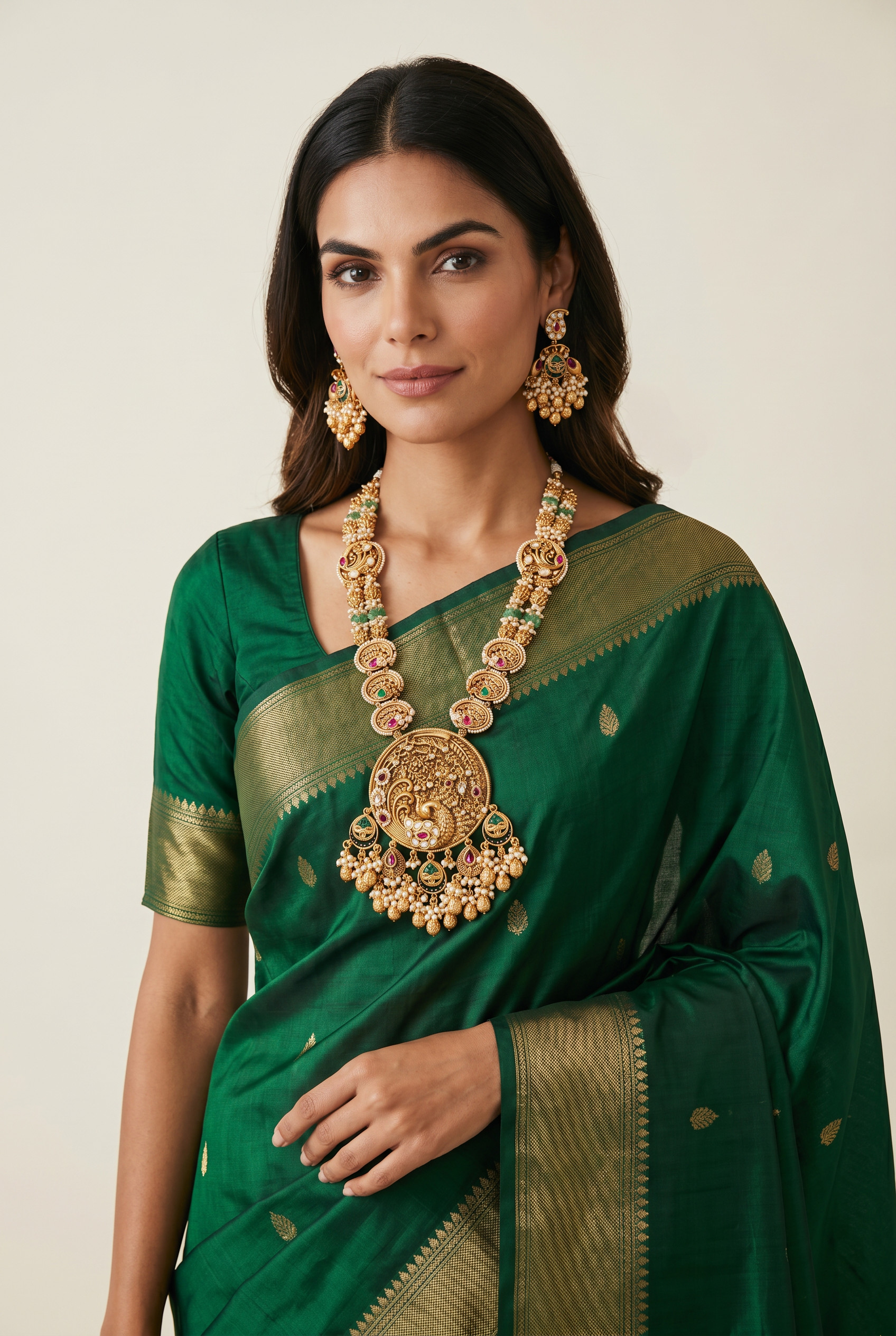 Royal Temple Peacock Design Gold-Plated Necklace Set with Pearls & Kundan Stones
